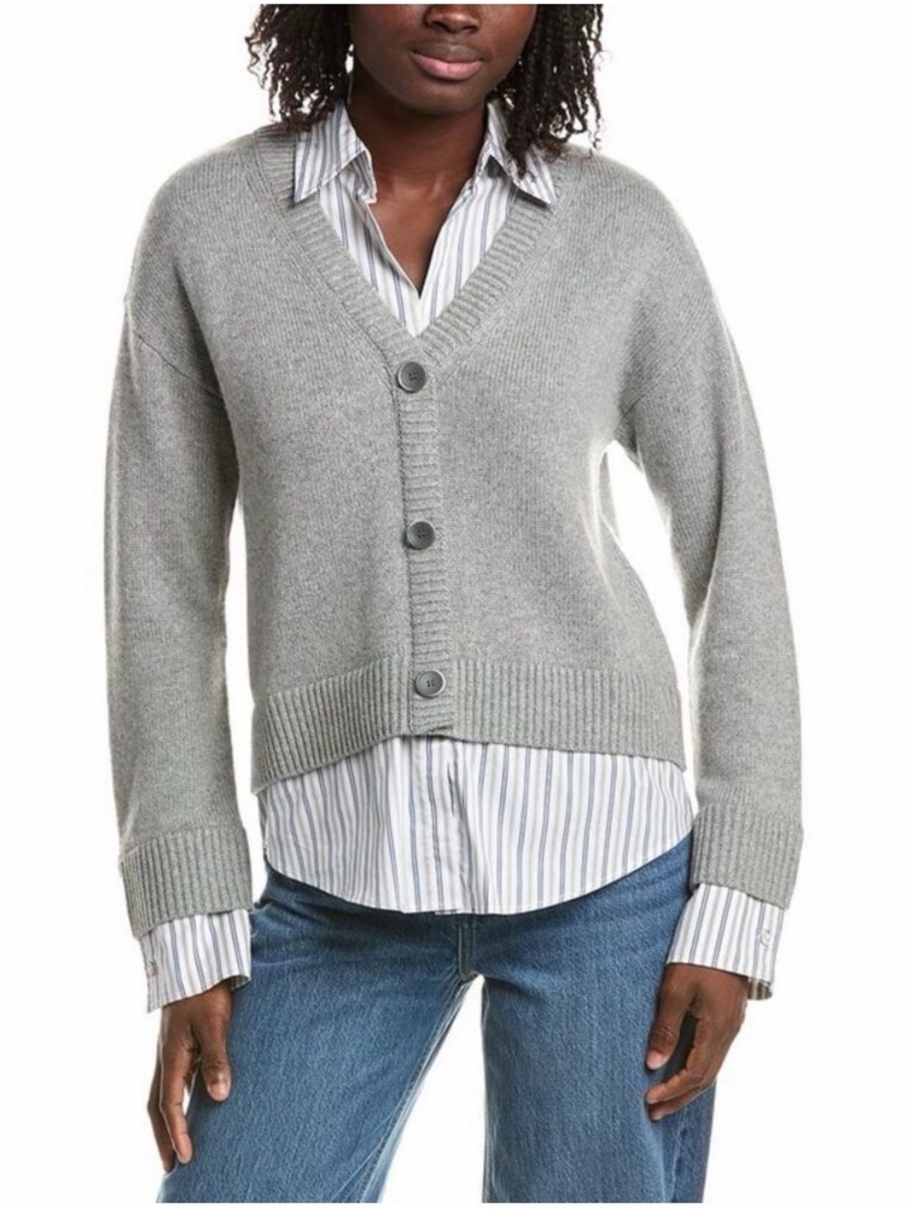 cinq à sept Megan Layered Look Cardigan Gray & Blue Striped